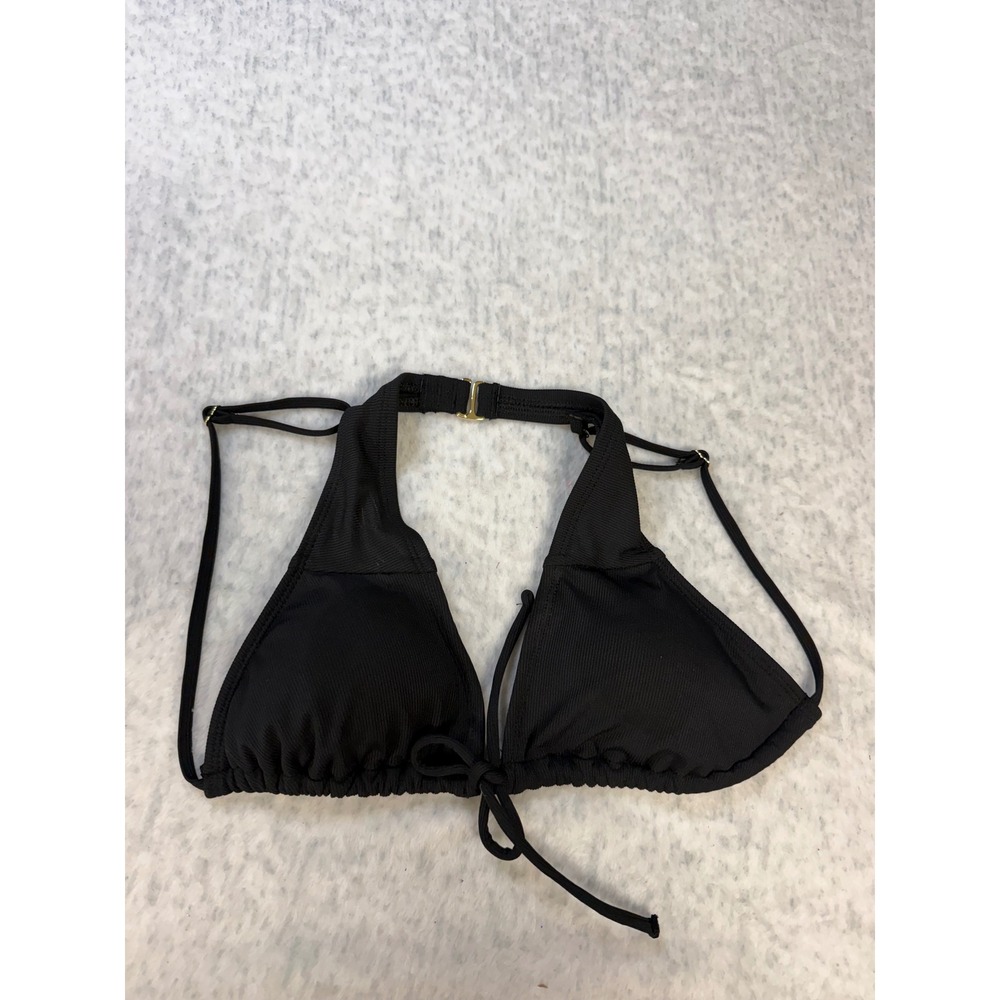 Shade & Shore Women Black Ribbe Triangle Bikini Top Halter Front Tie Med no pad